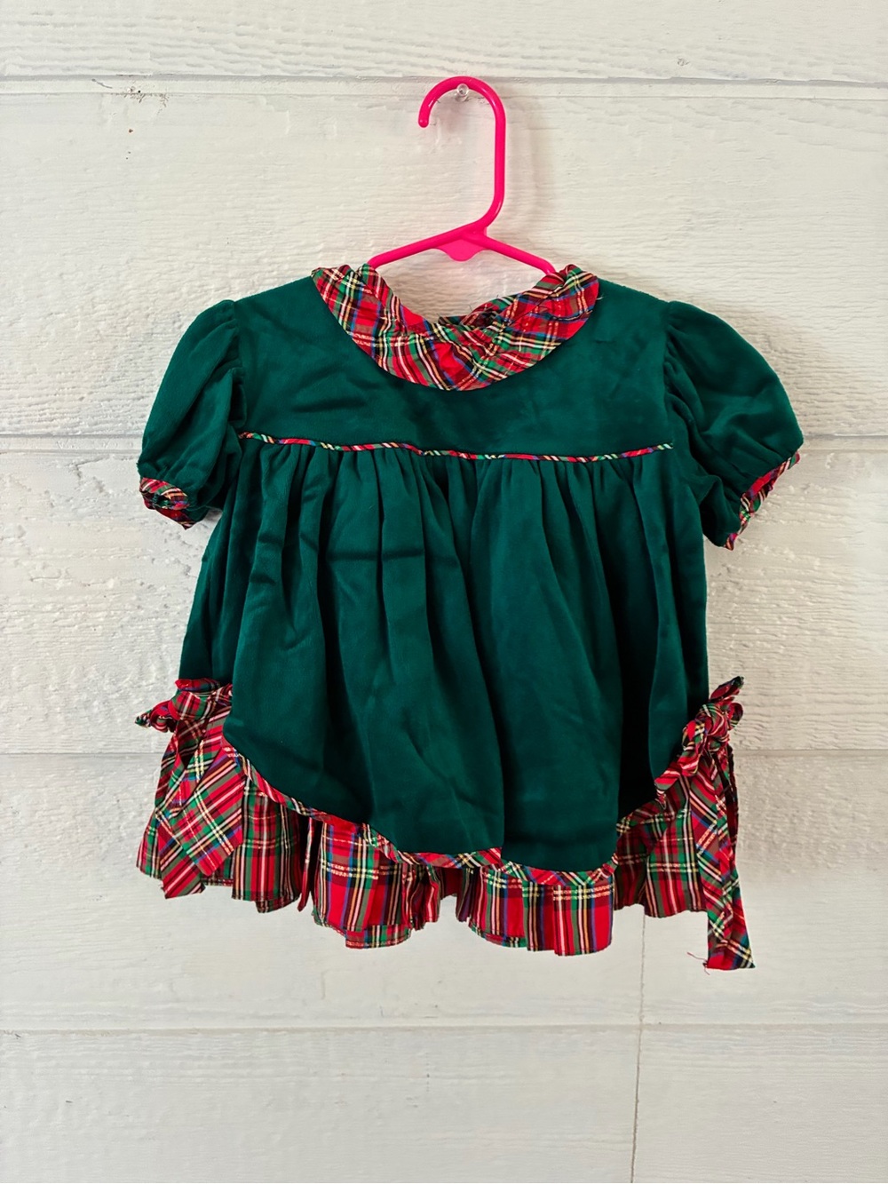 Girls' Green Velvet Holiday Dress Costume with Red Plaid Trim